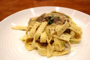 Chicken, mushroom and white wine fettuccine