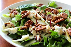 Pear, maple candied pecan and gorgonzola salad